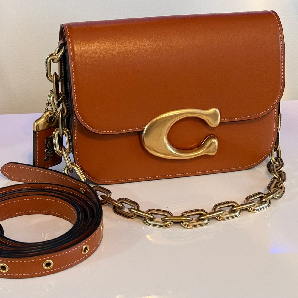 Coach Brown Leather Crossbody Bag with Gold Chain